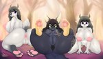 abstract_background all_fours anthro anus big_breasts breasts claws ear_piercing feet female foot_focus genitals group hair horn humanoid_feet kneeling legs_up long_hair looking_at_viewer looking_back looking_back_at_viewer lying on_back pawpads paws piercing plantigrade pussy soles thick_thighs trio conditional_dnp mittsies bovid canid canine caprine goat mammal absurd_res hi_res signature