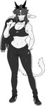 anthro big_breasts bottomwear bra breasts clothing collar collarbone female footwear fur hair hand_in_pocket horn looking_at_viewer midriff pants pockets shoes short_hair sneakers solo sports_bra underwear pgm300 mythology chabett dragon furred_dragon furred_scalie mythological_creature mythological_scalie scalie wingless_dragon 2024 hi_res monochrome sketch