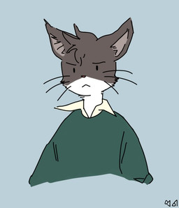 anthro cheek_tuft clothing collared_shirt facial_tuft fur green_clothing green_sweater green_topwear grey_body grey_fur grey_hair hair male pink_nose shirt simple_background solo sweater topwear tuft whiskers white_body white_fur yupdown domestic_cat felid feline felis mammal 2017 icon