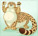 4_fingers claws crumbs dessert digitigrade doughnut fingers food green_background holding_food holding_object looking_at_viewer male navel nude open_mouth overweight pastry pawpads quadruped simple_background solo standing tail taurification taurified teeth text whiskers yellow_eyes royalty_(artist) disney zootopia benjamin_clawhauser cheetah cheetah_taur felid felid_taur feline feline_taur mammal mammal_taur taur 2016