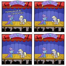 blonde_hair blue_body blue_fur cape clothing cutie_mark eyes_closed feathered_wings feathers female feral food fur grey_body grey_fur hair hat headgear headwear muffin multicolored_hair open_mouth smile stage text tongue two_tone_hair wings muffinexplosion friendship_is_magic hasbro my_little_pony mythology derpy_hooves_(mlp) trixie_(mlp) equid equine mammal mythological_creature mythological_equine pegasus 1:1 comic english_text hi_res