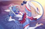 2018 ankle_strap_heels anthro anthro_penetrated anthrofied bed blue_body bodily_fluids bottomwear breasts clothed clothing cutout_heels digital_media_(artwork) dildo dragonair eyelashes female female_penetrated flexible footwear furniture generation_1_pokemon genital_fluids genitals hair head_wings hi_res high_heels horn kathiras knot knotted_dildo legwear nintendo no_underwear on_bed open_mouth penetration pokemon pokemon_(species) pokemorph pumps pussy sex_toy shoes skirt smile solo splits spread_legs spreading star_guardian stockings tail tail_under_skirt teeth tongue unusual_wing_placement vaginal vaginal_fluids vaginal_penetration viskasunya white_body wings yellow_clothing yellow_footwear yellow_high_heels