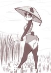 :o anthro big_hat black_nose breasts butt chest_tuft clothed clothing cloud eyebrows eyelashes farm farmer female hair hat headgear headwear hoe holding_object looking_at_viewer looking_back looking_back_at_viewer medium_breasts open_mouth outside partially_submerged plant short_hair short_tail simple_background sky small_breasts solo standing standing_in_water tail tools tuft water white_background scorpdk bear giant_panda mammal 2022 absurd_res digital_media_(artwork) full-length_portrait hi_res monochrome portrait