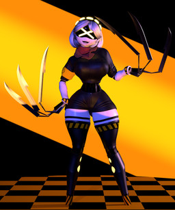 armband big_breasts big_claws bottomwear breasts claws clothed clothing female hair hazard_stripes hotpants huge_claws machine not_furry open_mouth open_smile pseudo_legwear pseudo_stockings screen_eyes shorts small_waist smile solo teeth thick_thighs tight_clothing white_hair wide_hips xd yellow_armband yellow_eyes blitern_thebuny samzan_(modeler) glitch_productions murder_drones v_(murder_drones) humanoid robot robot_humanoid 3d_(artwork) digital_media_(artwork) hi_res