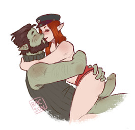 beard biped clothed clothing duo erection facial_hair female genitals hat headgear headwear humanoid_genitalia humanoid_penis kissing male male/female not_furry penis side_view racson shizukomo tuskwinn half-elf humanoid orc