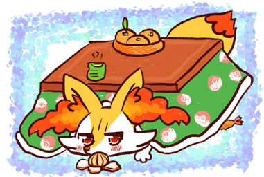 3_fingers ambiguous_form ambiguous_gender blush blush_lines blush_stickers cheek_tuft container cup dipstick_tail facial_tuft fingers food fruit fur furniture half-closed_eyes high-angle_view inner_ear_fluff kotatsu leaf looking_at_viewer lying markings multicolored_body multicolored_fur narrowed_eyes on_front orange_(fruit) orange_inner_ear_fluff plant pointy_ears pokeball_symbol prick_ears red_body red_eyes red_fur red_nose red_tail_tip shrimp_(food) simple_background solo table tail tail_markings tapering_snout tuft two_tone_tail white_body white_fur yellow_body yellow_fur yellow_tail annyui0611 nintendo pokemon braixen canid generation_6_pokemon mammal pokemon_(species) 2021 colored digital_drawing_(artwork) digital_media_(artwork) flat_colors hi_res japanese_description translated_description