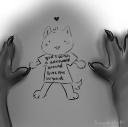 ambiguous_gender anthro blush cat_smile claws clothing duo heart_symbol pov_hands shadow shirt text text_on_clothing text_on_shirt text_on_topwear topwear simple_nicks canid canine mammal greyscale monochrome