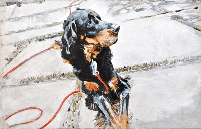 black_body black_fur black_nose brown_eyes feral floppy_ears fur leash looking_aside multicolored_body multicolored_fur quadruped red_leash sitting solo two_tone_body two_tone_fur whisker_spots renum63 canid canine canis domestic_dog mammal 2014 acrylic_painting_(artwork) painting_(artwork) traditional_media_(artwork) traditional_painting_(artwork)