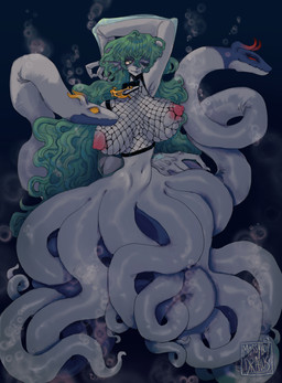 anchor big_breasts big_hands blue_body blue_skin breasts choker clothing ear_fins exposed_breasts female fin fishnet_clothing fishnet_topwear green_eyes hair head_tentacles jewelry markings multi_head necklace red_eyes sharp_teeth solo teal_hair teeth tentacles tongue tongue_out topwear torn_clothing torn_fishnet_clothing yellow_eyes mossyboy kath'ool_(deathwing_vt) humanoid scylla absurd_res hi_res