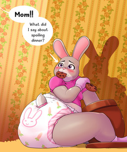 ageplay anthro cookie dialogue diaper duo female food fur grey_body grey_fur infantilism mature_female roleplay speech_bubble coqodraws disney zootopia bonnie_hopps judy_hopps lagomorph mammal