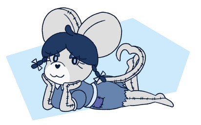 :3 anthro big_ears blue_eyes blue_hair bow_tie braided_hair clothed clothing collar eyelashes female grey_body grey_skin hair hand_on_cheek heart_nose heart_symbol heart_tail looking_at_viewer lying messy_clothing on_front patch_(fabric) pigtails plushie raised_leg simple_background solo stitch_(sewing) tail chipepper_(artist) annie_(el_senor_erizo) animal_humanoid animate_inanimate humanoid mammal mammal_humanoid mouse murid murid_humanoid murine murine_humanoid rodent rodent_humanoid digital_media_(artwork)