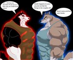 anthro anthrofied big_muscles black_body black_fur blue_eyes brown_body brown_eyes brown_fur clothing duo fur huge_muscles hyper hyper_muscles male multicolored_body multicolored_fur muscular muscular_anthro muscular_male shirt speech_bubble teeth text topwear two_tone_body two_tone_fur white_body white_fur yellow_sclera xxsparcoxx balto_(series) universal_studios balto steele_(balto) canid canine canis domestic_dog husky hybrid mammal nordic_sled_dog spitz wolf 2014 digital_media_(artwork) english_text