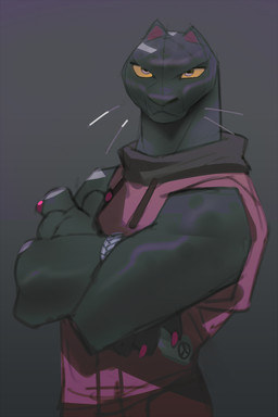 anthro black_body black_fur blue_eyes bracelet colored_nails crossed_arms female fur jewelry looking_at_viewer melanistic muscular muscular_female nails peace_symbol sleeveless_hoodie solo whiskers yellow_sclera miles_df goat_(movie) sony_corporation sony_pictures jett_fillmore felid leopard mammal pantherine 2:3 hi_res