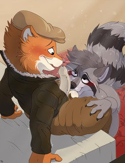 anthro ball_sniffing balls bed beret black_eyes blush brown_body brown_fur butt clothed clothed_anthro clothing duo erection eye_contact flushed foreskin fur furniture genitals grey_body grey_fur hat headgear headwear high-angle_view humanoid_genitalia humanoid_penis jacket kneeling leather leather_clothing leather_jacket leather_topwear long_foreskin looking_at_another male male/male markings musk nude_male onomatopoeia open_mouth open_smile orange_body orange_fur partially_clothed penis pink_nose ring_(marking) ringed_tail shaking sitting smile sniffing sound_effects striped_markings striped_tail stripes tail tail_markings text tight_foreskin topwear unretracted_foreskin whiskers mcfan blacksad coontail coontail_v2 weekly mammal mustelid musteline procyonid raccoon true_musteline weasel absurd_res hi_res