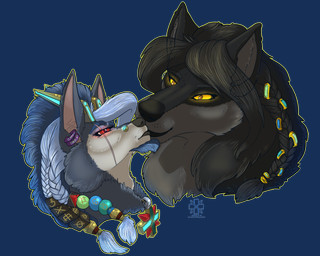 anthro beads blue_hair braided_hair duo facial_hair female goatee hair horn jewelry kiss_on_lips kissing pendant piercing red_eyes ring scar yellow_eyes fleety_(artist) mythology fleety_(character) canid canine dire_wolf mammal mythological_canine mythological_creature prehistoric_species valkwulf werecanid werecanine werecreature werewolf 5:4 absurd_res alpha_channel hi_res herm_(lore)