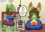 anthro big_breasts big_butt blue_eyes breasts butt cleavage clothed clothing dialogue duo female fur green_body green_fur long_ears looking_at_viewer rear_view short_stack short_tail simple_background slightly_chubby solo tail text mawliet sugarmelons lagomorph leporid mammal rabbit absurd_res comic english_text hi_res