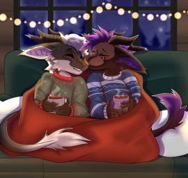 anthro bedding beverage blanket blush candy chocolate clothed clothing cuddling dessert duo festive food furniture hot_chocolate love male male/male nuzzling romantic romantic_couple sofa string_lights bunthefen crazywright83_(character) rydgedshep_(character) royal_vernid vernid hi_res