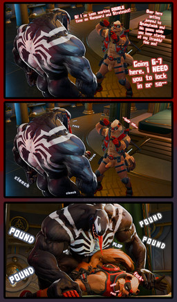 anthro black_body brown_body brown_fur clothed clothing dialogue duo from_behind_position fur gesture hand_gesture looking_pleasured male male/male moan muscular onomatopoeia partially_clothed pecs pinned_to_bed pointing pointing_at_another sex sound_effects text tongue tongue_out nyctokriz voluox_(modeler) instant_loss_2koma marvel deadpool venom_(marvel) yeenpool_(ks_simp) hyena mammal symbiote 3d_(artwork) absurd_res comic digital_media_(artwork) hi_res sound