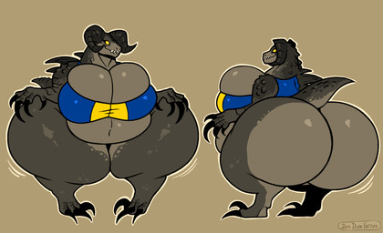 anthro back_spikes belly big_breasts big_butt big_claws biped bottom_heavy breasts brown_background bulging_breasts butt claws cleavage cleavage_overflow clothed clothing countershade_butt countershade_torso countershading crop_top curved_horn eyelashes fangs female grey_body grey_scales horn huge_breasts huge_butt huge_hips huge_thighs hyper hyper_butt hyper_hips hyper_thighs multicolored_body navel non-mammal_breasts obese obese_anthro obese_female outline overweight overweight_anthro overweight_female scales shirt simple_background simple_eyes smile solo spikes spikes_(anatomy) standing tail tan_body tan_outline teeth thick_thighs topwear turnaround two_tone_body wide_hips yellow_eyes johndrawfatties fallout microsoft fan_character lucy_the_deathclaw deathclaw reptile scalie 2025 digital_media_(artwork) full-length_portrait hi_res portrait signature