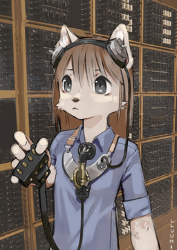 anthro brown_hair brown_nose clothed clothing electronics female fur grey_eyes hair kemono machine phone retro solo tan_body tan_fur technology lluumi felid feline mammal absurd_res hi_res