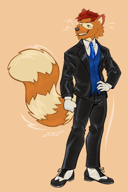 anthro big_tail black_bottomwear black_clothing black_nose black_pants black_suit black_suit_jacket blue_necktie bottomwear cheek_tuft clothed clothed_male clothing collared_shirt dress_shirt facial_tuft fist full-body fully_clothed fully_clothed_male glistening glistening_clothing gloves hair hand_on_hip handwear looking_aside male male_anthro markings motion_lines necktie orange_background orange_eyes pants red_hair shirt short_hair simple_background smile solo standing striped_markings striped_tail stripes suit tail tail_markings tap_shoes three-quarter_view topwear tuft vest white_clothing white_dress_shirt white_gloves white_handwear alibi_47 ranulf_(theraccoongent) mammal procyonid raccoon 2024 digital_media_(artwork) flat_colors hi_res signature
