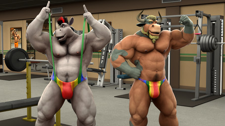 2_horns abs anthro barbell beard beard_ponytail bench black_hair blonde_hair body_hair brown_body brown_fur bulge chest_hair clothing deltoids duo facial_hair facial_horn flexing flexing_bicep fur gesture gloves_(marking) goatee grey_body grey_skin gym hair hand_gesture horn inside lgbt_pride looking_at_viewer male male/male markings musclegut muscular muscular_thighs navel nose_horn obliques one-piece_swimsuit pecs pointing pointing_up ponytail poster pride_color_clothing pride_color_sling_bikini pride_color_swimwear pride_color_underwear pride_colors quads serratus sling_bikini sling_bikini_pull spots spotted_body spotted_fur swimwear teal_body teal_fur thong underwear weight_machine braford house_of_beef lgbt_pride_month chuck_(braford) dozer_(braford) bovid bovine cattle mammal rhinoceros 16:9 2026 3d_(artwork) digital_media_(artwork) hi_res widescreen