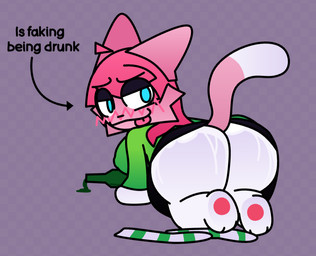 alcohol anthro beer beer_bottle bent_over beverage big_butt black_clothing black_shirt black_topwear blue_eyes blush blush_lines bodily_fluids bottle bottomwear breasts butt butt_focus cat_tail checkered checkered_background clothing container directional_arrow female footwear fur glistening glistening_butt green_clothing green_shirt green_topwear hair legwear looking_at_viewer looking_back nipple_outline pattern_background pattern_clothing pattern_legwear pawpads paws pink_body pink_fur pink_hair presenting presenting_hindquarters pretending pretending_to_be_drunk shirt simple_background skirt smile socks socks_removed solo striped_clothing striped_legwear stripes sweat sweaty_butt text thick_thighs tongue tongue_out topwear white_tip_tail wide_hipped_anthro wide_hipped_female wide_hips paka_mzuri ms._sox_(paka_mzuri) domestic_cat felid feline felis mammal