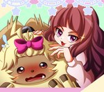 accessory anthro beady_eyes blush bow_ribbon brown_hair duo embarrassed female fur hair hair_accessory long_ears long_hair male ponytail_ears yellow_body yellow_fur haruka_kd bandai_namco digimon digimon_ghost_game angoramon_(ghost_game) ruri_tsukiyono angoramon digimon_(species) human lagomorph leporid mammal rabbit