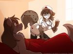 anthro bed bedroom_eyes blush breasts brown_body brown_fur cleavage clothed clothing duo female fur furniture garter_straps grey_body grey_fur half-closed_eyes heart_symbol leaning legwear lying markings medical medical_instrument mentioned_character multicolored_body multicolored_fur narrowed_eyes nurse nurse_clothing nurse_uniform on_back on_bed patient scientific_instrument seductive simple_background smile spots spotted_body spotted_fur stethoscope stockings telepathic_link text thigh_highs under_covers uniform white_background conditional_dnp tom_fischbach twokinds kathrin_vaughan natani zen_(twokinds) canid canine canis felid hybrid keidran mammal wolf 2017 adobe_photoshop_(artwork) alternate_version_at_source colored digital_media_(artwork) english_text url