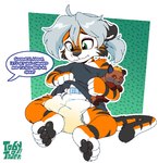 anthro black_body black_clothing black_fur black_shirt black_topwear bodily_fluids clenched_hands clothed clothing clothing_pull dialogue diaper exposed_shoulder feet fur genital_fluids green_eyes grey_hair hair hindpaw holding_object holding_plushie looking_at_diaper looking_down male multicolored_body multicolored_fur offscreen_character orange_body orange_fur pantsless paws plushie shirt sitting solo striped_body striped_fur stripes tail topwear unclean_diaper urine used_diaper wet_diaper wetness_indicator white_body white_fur young toby_tiger scyler felid mammal pantherine tiger hi_res