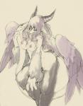 3_fingers anthro areola big_breasts black_body black_fur breasts feathered_wings feathers female fingers fur hair horn kemono living_tail nipples nude purple_hair simple_background snake_tail snout solo tail unusual_anatomy unusual_tail white_body white_fur wings yoona bovid caprine caprine_demon demon goat_demon mammal reptile scalie snake