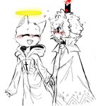 ambiguous_gender anthro blush clothed clothing duo female fluffy halo hand_holding happy robe simple_background smile white_background dinkydooa cult_of_the_lamb massive_monster_(studio) lamb_(cult_of_the_lamb) red_crown_(cult_of_the_lamb) ruri_(cult_of_the_lamb) bovid caprine domestic_cat felid feline felis mammal sheep hi_res sketch