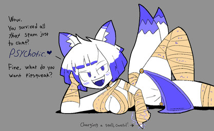 anthro bandage bandaged_arm bandaged_chest bandaged_leg big_breasts blue_eyes blue_hair blush blush_lines bottomwear breasts cleavage clothed clothing dialogue fangs female fur grey_background hair hand_on_head heart_symbol loincloth looking_at_viewer lying multi_tail navel on_side scroll simple_background solo spiral spiral_eyes tail teeth text thick_thighs white_body white_fur white_hair wide_hips usagibun1 ayumi_(usagibun1) canid canine fox mammal 2024 digital_media_(artwork) english_text