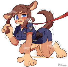 3_toes all_fours anthro barefoot blue_clothing blue_eyes blue_uniform blush blush_lines bodily_fluids breasts brown_body brown_fur brown_hair brown_pawpads brown_tail claws clothing collar feet female female_peeing finger_claws floppy_ears fur genital_fluids hair leash leashed_collar long_hair looking_at_viewer musk omorashi open_mouth pawpads paws peeing police police_officer police_uniform raised_tail shaking simple_background snout solo sweat tail tan_body tan_inner_ear tears toe_claws toes tool_belt uniform urine urine_on_ground urine_on_leg urine_pool watersports wetting white_background appoco pollie_(appoco) canid canine canis domestic_dog mammal 2026 colored digital_drawing_(artwork) digital_media_(artwork) hi_res signature