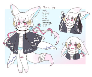 anthro band-aid bandage blue_clothing blue_panties blue_underwear bodily_fluids clothing crying female fluffy fluffy_tail fur hair horn kemono magic_user mouth_closed open_mouth panties raised_arm ribbons solo tail tears underwear white_body white_fur white_hair wings krande lu-chan ambiguous_species mammal 6:5 hi_res model_sheet