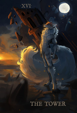 abs anthro beach biped building card fur major_arcana male male_anthro moon neck_tuft solo standing sun sunset tail tarot tarot_card text the_tower_(tarot) tower tuft white_body white_fur tessa_gaf canid canine canis mammal wolf english_text hi_res