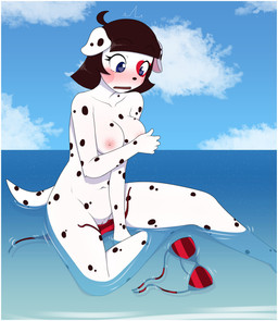 anthro beach bikini black_hair black_spots blue_eyes blush blush_stickers breasts clothing cloud covering covering_breasts covering_self day embarrassed female fur genitals hair heart_pupils markings nipples nude open_mouth outside partially_submerged pattern_bikini pattern_clothing pattern_swimwear pink_nipples red_bikini red_clothing red_swimwear sea sitting sky solo spots spotted_body spotted_fur striped_bikini striped_clothing striped_swimwear stripes swimwear two-piece_swimsuit vulva wardrobe_malfunction water white_body white_fur furrgroup zodiacerections colette_(alfa995) canid canine canis dalmatian domestic_dog mammal absurd_res hi_res