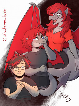 anthro bodily_fluids breasts brown_hair clothed clothed_anthro clothed_humanoid clothing crying eyewear female gender_transformation glasses green_eyes hair highlights_(coloring) long_hair membrane_(anatomy) membranous_wings rectangular_glasses red_hair red_highlights scales shirt smile solo spade_tail species_transformation spread_wings t-shirt tail tears tears_of_joy topwear transformation wings ash_from_dust mythology dezblade dragon humanoid mythological_creature mythological_scalie scalie digital_media_(artwork) english_description hi_res story story_in_description trans_(lore) trans_woman_(lore)