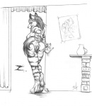 anthro breasts butt female genitals plant pussy simple_background solo tail tree white_background wood seraph hyena mammal striped_hyena graphite_(artwork) greyscale monochrome traditional_media_(artwork)