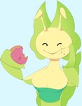 anthro big_breasts breasts cheek_bulge cleavage clothed clothing dessert doughnut eating female food huge_breasts pastry plant simple_background smile solo flashfigure nintendo pokemon arthropod elemental_creature flora_fauna generation_5_pokemon insect leavanny pokemon_(species)