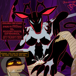 anthro bandage bed black_body blush bodily_fluids breasts cigar claws clothing cowgirl_position cum cum_in_vagina cum_inside duo featureless_breasts feet female female_penetrated first_person_view foot_on_chest from_front_position furniture genital_fluids genitals glowing hand_on_leg headgear headwear horn looking_at_viewer looking_pleasured male male/female male_penetrating male_penetrating_female markings melee_weapon nipple_outline nude on_bottom on_top penetration penis polearm scythe sex sharp_teeth smile tail teeth text vaginal vulva weapon dhalek infernadise_(retrospecter) mythology dhalek_(dhalek) nightflaid_(retrospecter) the_wanderer_(dhalek) demon humanoid scalie 1:1 absurd_res digital_media_(artwork) english_text hi_res