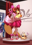 accessory anthro boutique bow_ribbon breasts candy cleavage clothed clothing dessert duo female food footwear hair_accessory hair_bow hair_ribbon high_heels licorice male peppermint_(candy) ribbons scissors shoes staff taffy_(food) tailor toughset armadillo mammal xenarthran hi_res