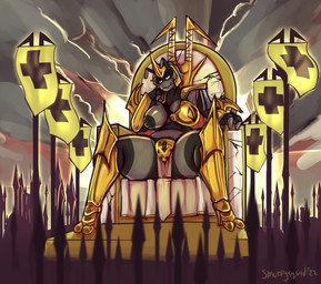 anthro areola armor army big_areola bottomwear chair clothing convincing_weapon female fingers footwear furniture gauntlet_blades gauntlets gloves gold_(metal) gold_armor greaves grey_body hair hand_on_chin handle_wrap handwear high_heels ineffective_clothing loincloth melee_weapon on_chair polearm sabatons shoes shoulder_pads sitting sitting_on_chair sitting_on_throne smile smirk spear standard sword symbol throne unconvincing_armor wavy_hair weapon smuttysquid stella_(lancypants) arthropod bee hymenopteran insect 2022 digital_media_(artwork) hi_res