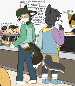 ageplay alphagatorz_(diaper) anthro black_body black_fur blush bottomwear clothing clothing_pull dialogue diaper embarrassed exposed_diaper feces food_court fur grabbing group hoodie infantilism laugh laughing_at looking_at_another looking_back male mall ordering_food pants pulling_pants_down rear_view roleplay shorts soiled_diaper standing tail text topwear unclean_diaper used_diaper toddlercasper abuniverse alphagatorz canid canine canis domestic_dog haplorhine mammal monkey primate english_text hi_res