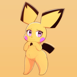 anthro biped black_markings black_nose dipstick_ears ear_markings eyebrows female fingers_together front_view fur genitals humanoid_genitalia humanoid_vulva index_to_index looking_at_viewer markings multicolored_ears navel nude pink_cheeks pink_eyes simple_background solo standing vulva yellow_body yellow_fur young young_anthro young_female pancakesbakecakes nintendo pokemon generation_2_pokemon pichu pokemon_(species) 1:1 absurd_res hi_res