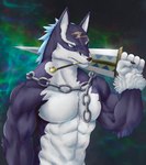 abs anthro biceps biped black_body black_fur black_nose blue_eyes blue_hair chain_necklace clothed clothing fur hair holding_object holding_weapon jewelry long_ears male melee_weapon multicolored_body multicolored_fur muscular muscular_anthro muscular_male necklace pecs pipe scar smoking_pipe snarling solo standing sword topless topless_anthro topless_male two_tone_body two_tone_fur weapon white_body white_fur chibikoma bandai_namco tales_of_(series) tales_of_vesperia repede canid canine canis domestic_dog mammal 2021 absurd_res digital_media_(artwork) digital_painting_(artwork) half-length_portrait hi_res portrait