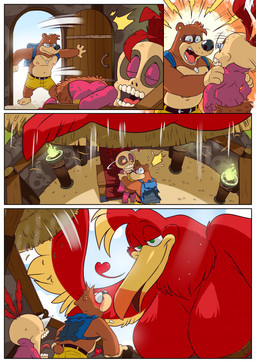 anthro aroused backpack belt blush bone bottomwear breasts brown_body brown_fur chair clothed clothing convenient_censorship destruction eyes_popping_out feathers female fire flirting fur furniture group hut jewelry lifting_roof macro magic_user male necklace red_body red_feathers shaman shorts size_difference skull skull_head slamming surprised_expression throne topless topless_male torch torn_backpack tribal_spellcaster trio waking_up eclipticafusion banjo-kazooie rareware banjo_(banjo-kazooie) kazooie mumbo_jumbo_(banjo-kazooie) avian bear breegull mammal ursine comic hi_res