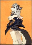 anthro black_border border butt canid canid_demon canine canis clothed clothing demon domestic_dog ear_piercing ear_ring female fluffy fluffy_tail fur grey_hair hair hellhound helluva_boss hi_res husky jacket looking_at_viewer looking_back looking_back_at_viewer loona_(helluva_boss) mammal mythological_canine mythological_creature mythology nordic_sled_dog notched_ear off_shoulder open_clothing open_jacket open_topwear panties piercing ramiras rear_view red_sclera ring_piercing solo spitz tail topwear underwear white_body white_fur