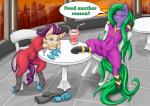 bendy_straw chair clothed clothing container cup dialogue drinking_straw duo female feral furniture green_hair hair hands_behind_head inner_ear_fluff inside looking_at_viewer purple_hair raised_leg smile spread_legs spreading text tight_clothing tuft yellow_eyes alcorart conditional_dnp friendship_is_magic hasbro idw_publishing my_little_pony my_little_pony_(idw) high_heel_(idw) mane-iac_(mlp) earth_pony equid equine horse mammal pony 2016 absurd_res english_text hi_res