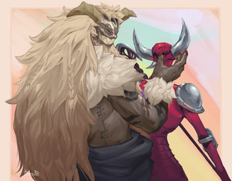 armor brown_body clothed clothing duo facial_hair goatee hair halberd horn long_hair male melee_weapon metallic_body polearm red_body sharp_teeth surgical_suture tattoo teeth toothy_grin topless weapon perciomu frieren_beyond_journey's_end the_seven_deadly_sins galland qual_(frieren) demon humanoid crossover hi_res